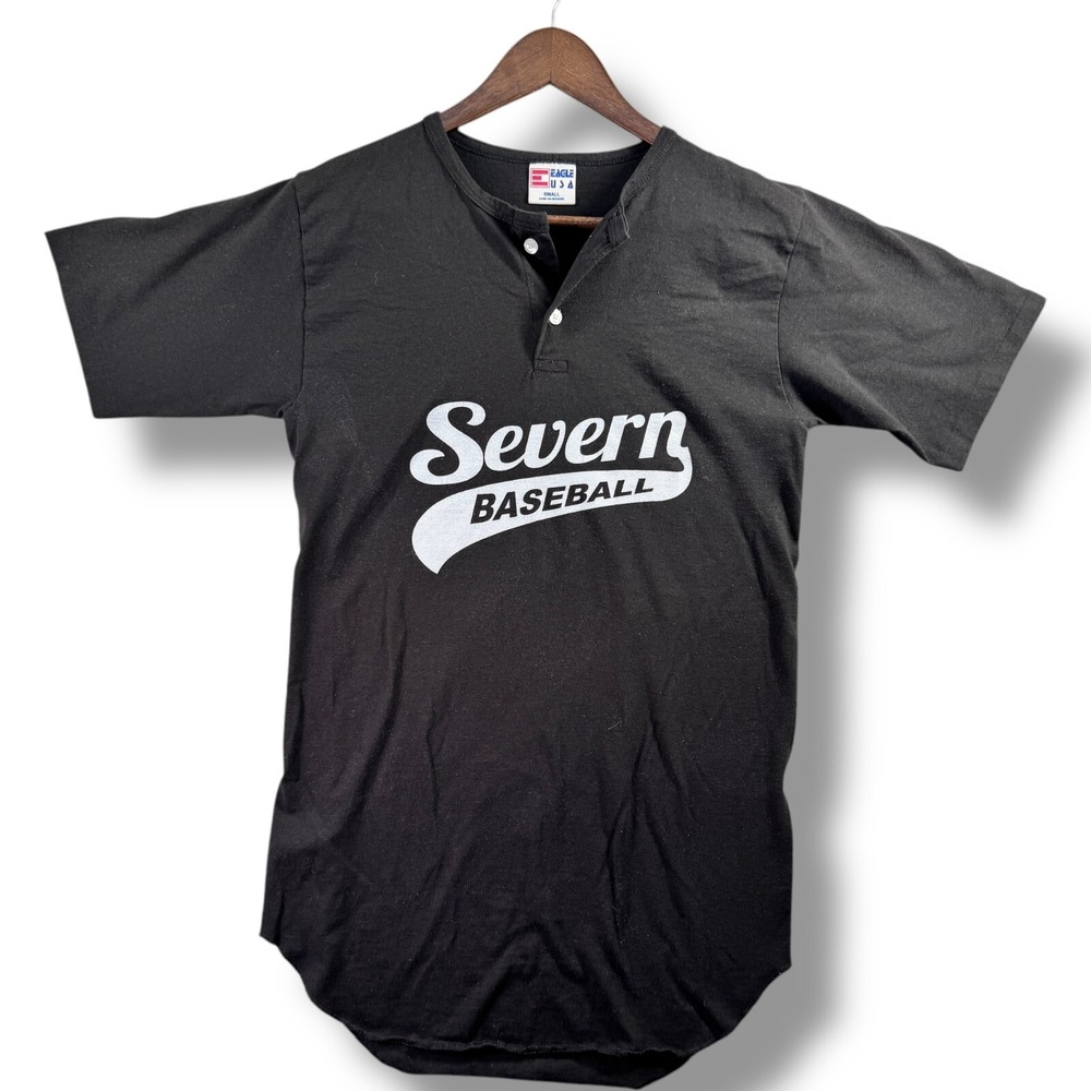 Vintage Severn Baseball Jersey Shirt Black Eagle USA Henley Mens Small S 11